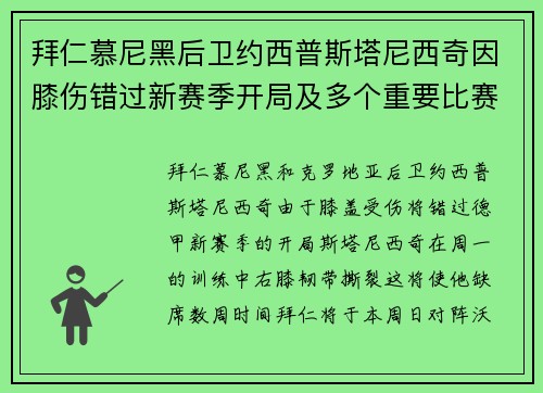 拜仁慕尼黑后卫约西普斯塔尼西奇因膝伤错过新赛季开局及多个重要比赛