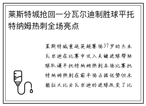 莱斯特城抢回一分瓦尔迪制胜球平托特纳姆热刺全场亮点